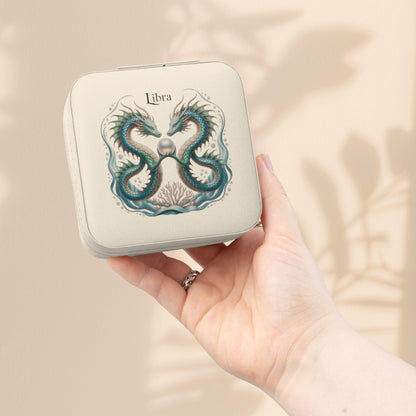 Libra Zodiac Jewelry Travel Case - Dual Sea Dragon and Pearl Design, Compact Zip Jewelry Organizer in Ivory, Pink, Soft Gold, or Tiffany Blue