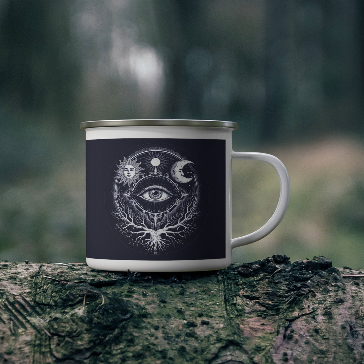 Enamel camping mug with dark navy body, sacred eye print, and white handle