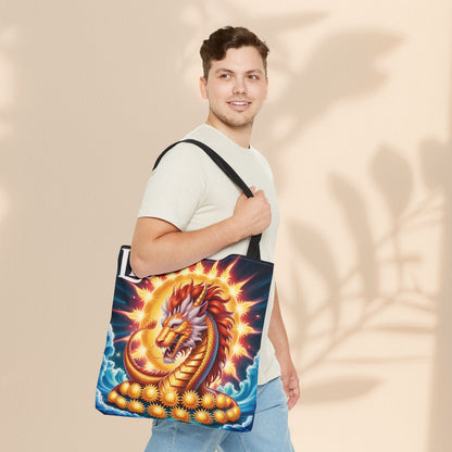 Leo Zodiac Tote Bag – Golden Dragon Sun Celestial Art | 3 Sizes | 5 Handle Colours | Leo Birthday Gift & Astrology Bag