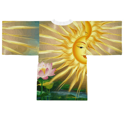 Lotus Sun Kimono Robe - Long Sleeve Lotus Flower Wrap with Golden Sun Design for Lounging, Spa Days, and Resort Wear XS to 2XL