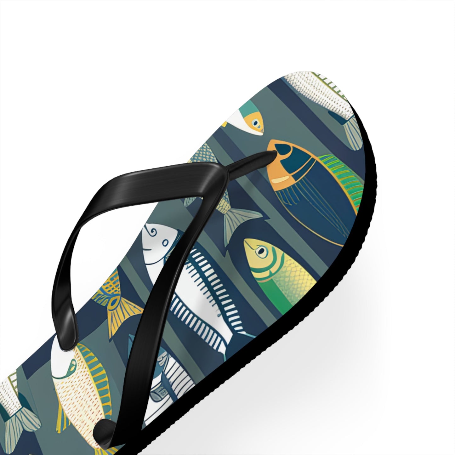 Single fish-print flip-flop with black thong strap, close side view