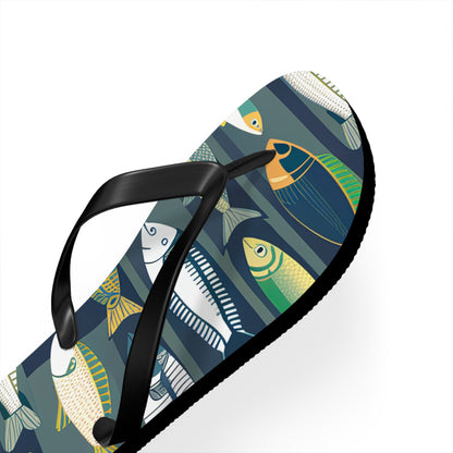 Single fish-print flip-flop with black thong strap, close side view