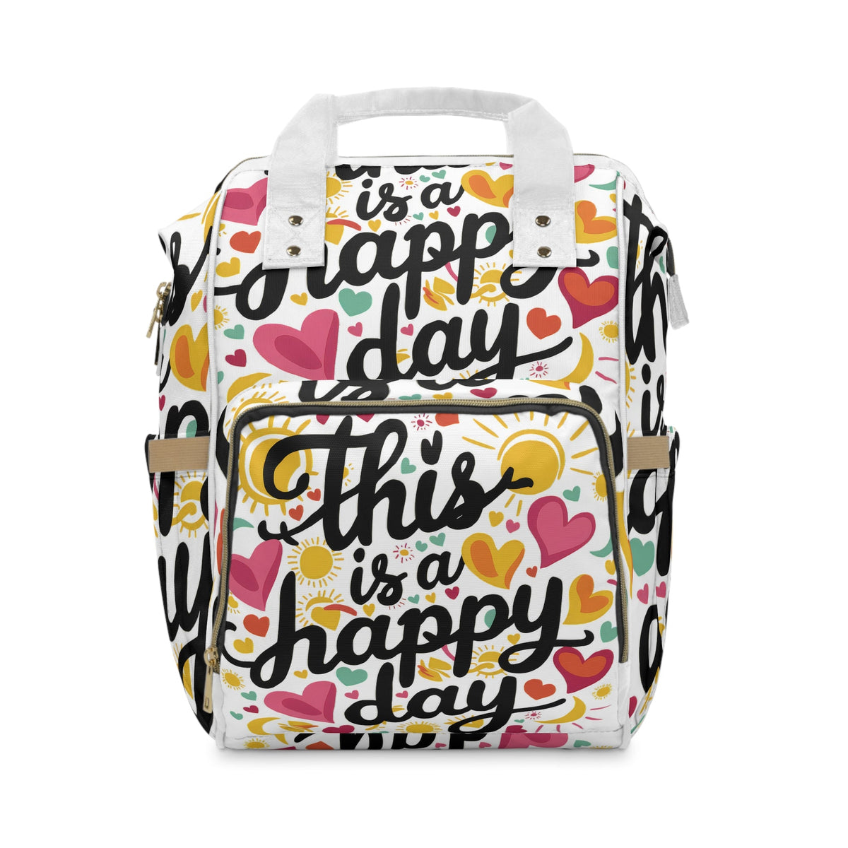 This Is A Happy Day Diaper Backpack – Colourful Hearts & Sunshine Print | Insulated Bottle Pockets | Large Capacity Nappy Bag | Baby Shower & New Mum Gift