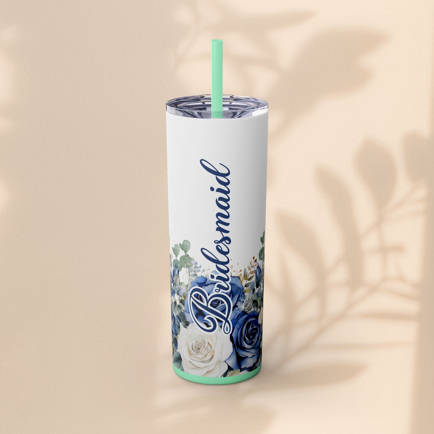 Bridesmaid Skinny Tumbler, 20oz Rose Floral Tumbler, Wedding Gift, Bridal Party, Customizable, Floral Tumbler