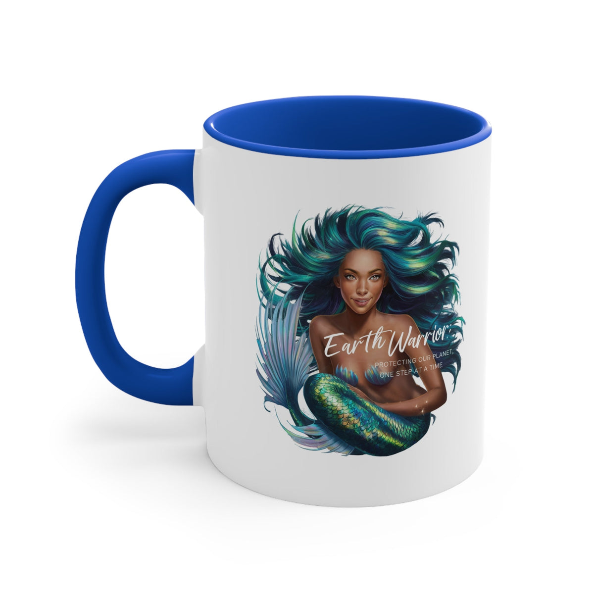 11oz accent mug with blue interior and Earth Warrior woman graphic, wide handle