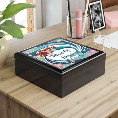 Mermaid Maid of Honor Jewelry Box – Illustrated Mermaid Keepsake Box | Rubberwood | Ebony Black, Golden Oak or Red Mahogany | Beach Wedding Bridal Gift