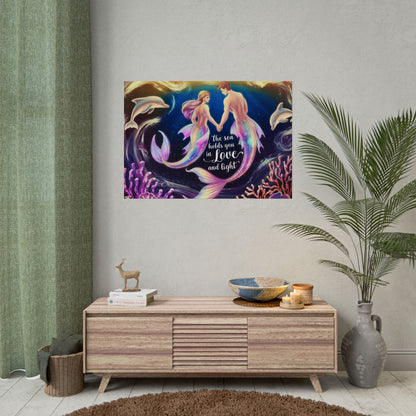 Mermaid Lovers Rolled Poster – The Sea Holds You in Love and Light | Giclée Print | Fine Art, Semi Glossy or Matte | 19 Sizes | Mermaid Couple Wall Art
