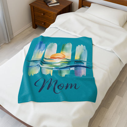 Ocean Loving Mom Velveteen Plush Blanket – Watercolour Sunset Ocean Design | Super Soft Polyester | 3 Sizes | Mother’s Day Gift for Ocean Loving Mom