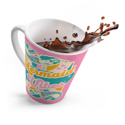 Mermaid Vibes Latte Mug – Retro 70s Pink Mermaid Design with Gold Script | 12oz White Ceramic | Groovy Ocean Coffee Gift