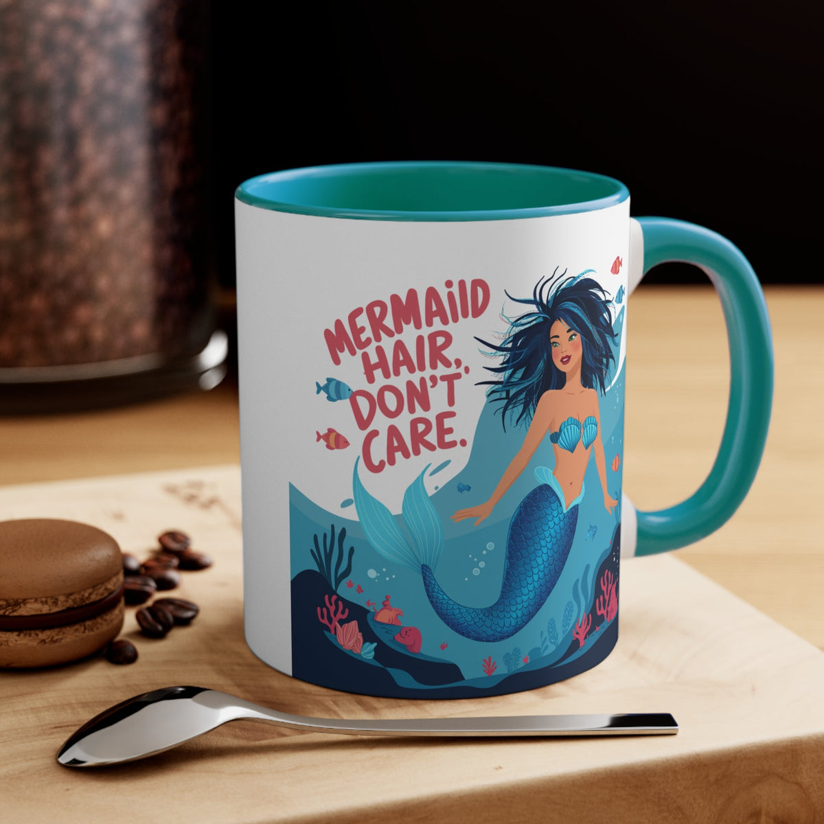 Mermaid Hair Don't Care Accent Mug – Wild Teal Mermaid Underwater Scene | 11oz White Ceramic Blue Green Pink or Red | Ocean Attitude Coffee Gift
