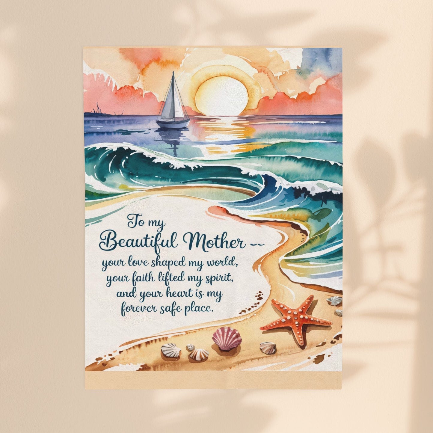 To My Beautiful Mother Velveteen Plush Blanket – Ocean Sunset Watercolour Beach Scene | Your Love Shaped My World | 3 Sizes | Gift for Mom