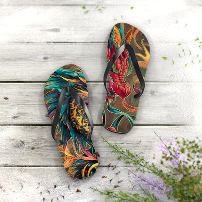 Pair of dragon-print flip-flops with black thong straps and multicolor upper