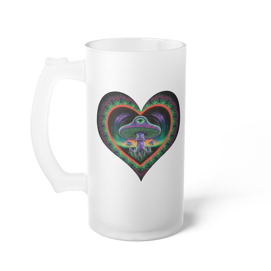 Frosted glass beer mug, white, side view with colorful heart mushroom graphic