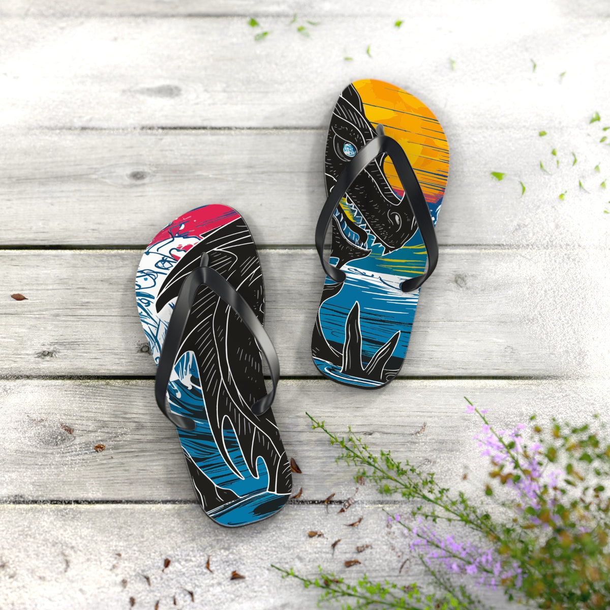 Printed dragon flip-flops with black straps and multicolor dragon graphic, pair view