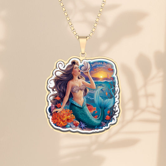 Daytona Beach Mermaid Necklace - Florida Mermaid Pendant with Sunset Ocean Scene, Daytona Beach Florida Jewelry Gift in Stainless Steel, Gold, or Silver