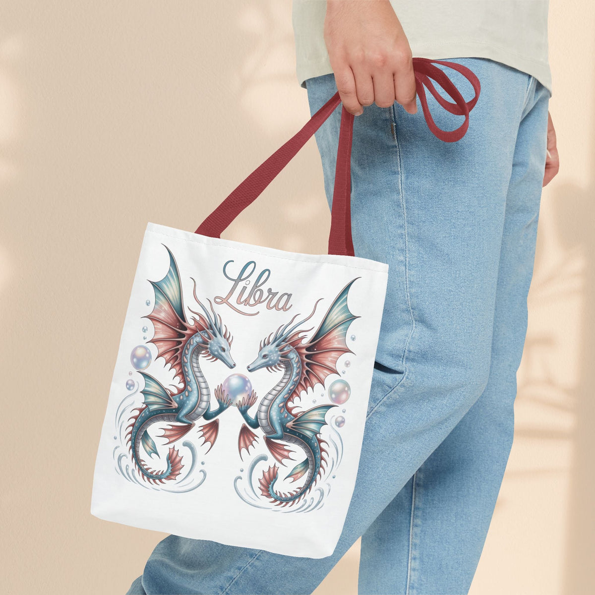 Libra Zodiac Tote Bag with Dragon Art - Libra Birthday Gift for Astrology Lovers, 3 Sizes, 5 Handle Colours