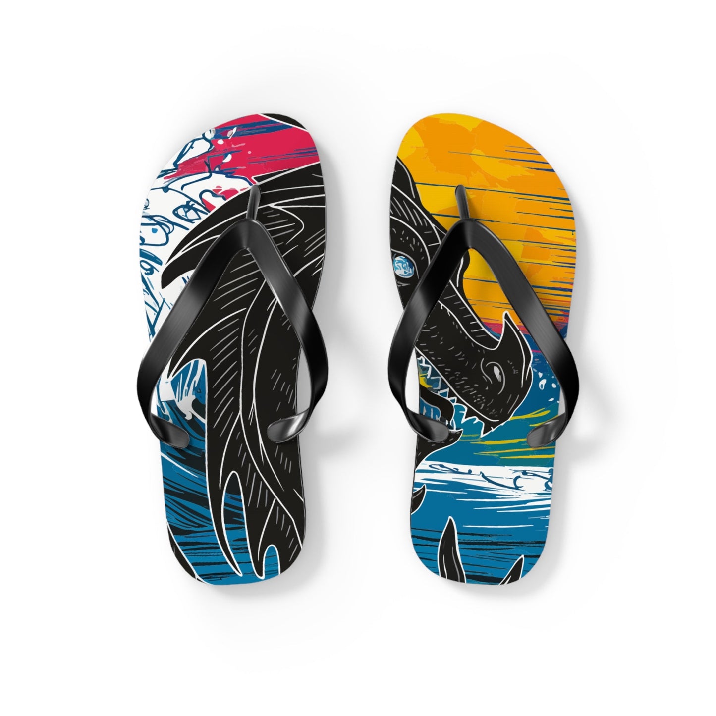 Pair of flip flops with dragon artwork on colorful footbeds and black straps.