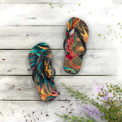 Multicolor dragon graphic flip-flops with black thong straps and textured footbeds