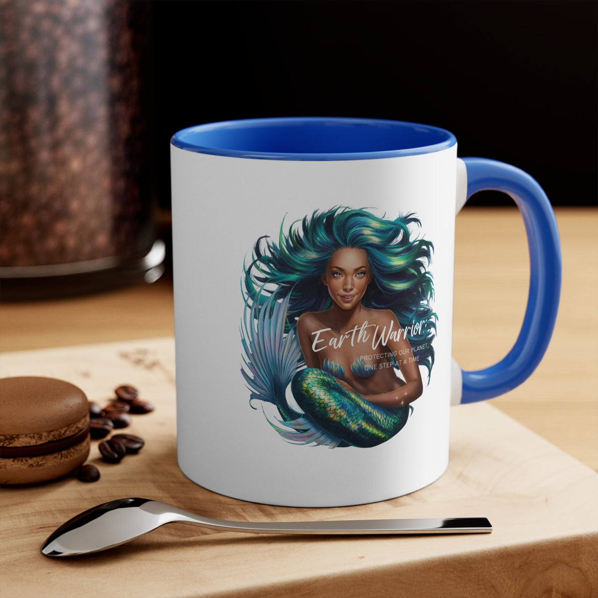 11oz accent mug with Earth Warrior mermaid graphic, blue handle and rim
