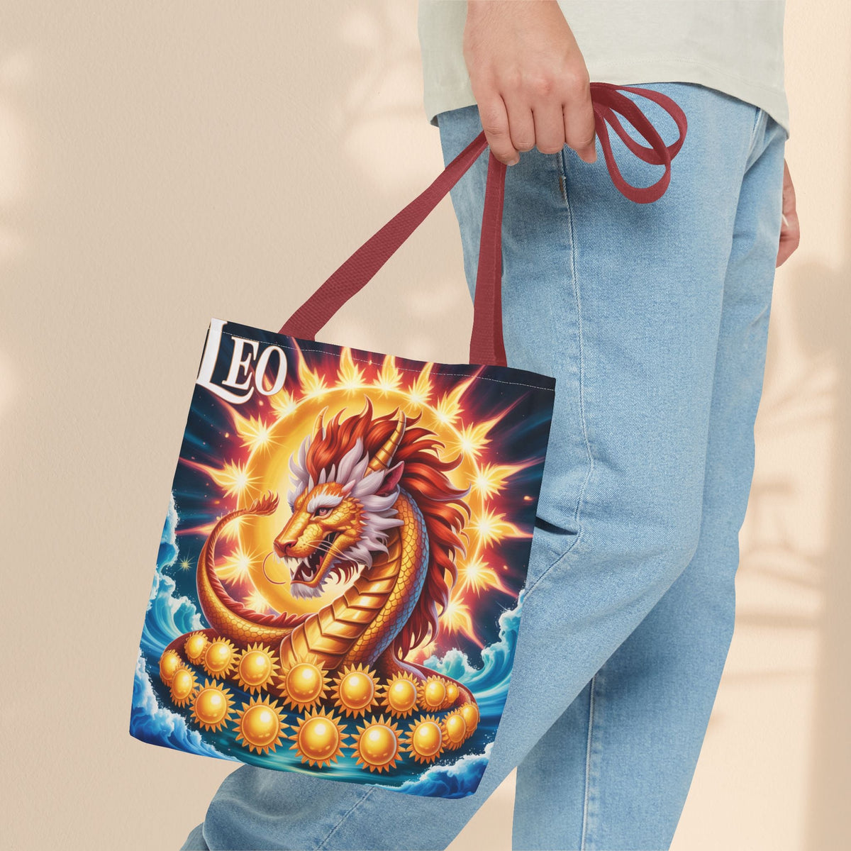 Leo Zodiac Tote Bag – Golden Dragon Sun Celestial Art | 3 Sizes | 5 Handle Colours | Leo Birthday Gift & Astrology Bag