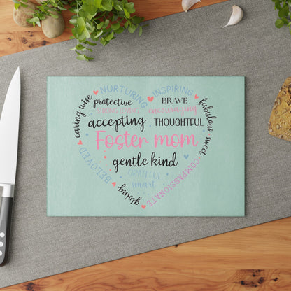 Foster Mom Glass Cutting Board – Heart Word Cloud Design | Tempered Glass | 2 Sizes | Meaningful Gift for Foster Mom