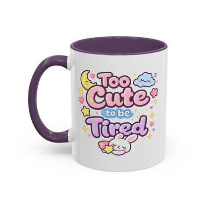 Kawaii bunny mug, white ceramic with purple rim and handle; cute bunny and cloud graphic