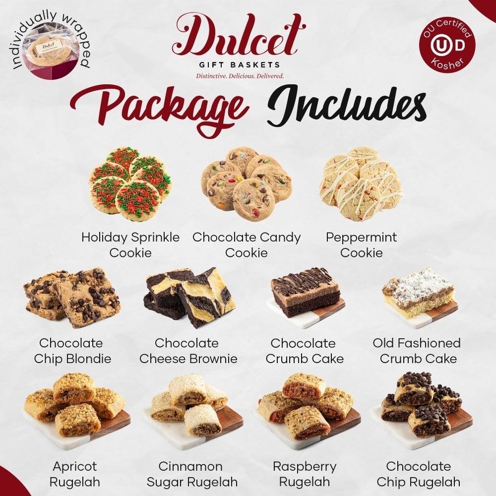 Assorted holiday cookies and cakes package layout with labeled treats