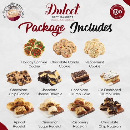 Assorted holiday cookies and cakes package layout with labeled treats