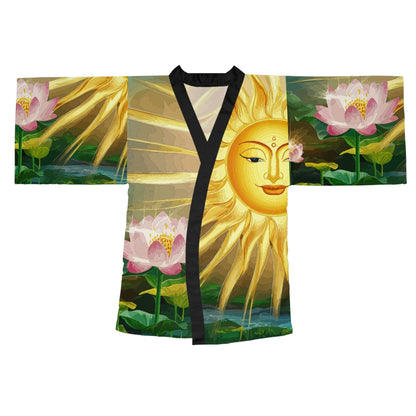 Lotus Sun Kimono Robe - Long Sleeve Lotus Flower Wrap with Golden Sun Design for Lounging, Spa Days, and Resort Wear XS to 2XL