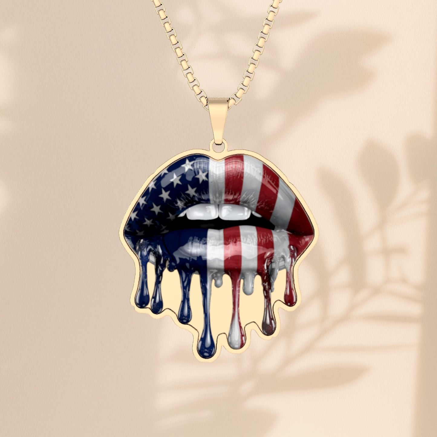 American Flag Drip Lips Necklace - Patriotic Drip Pendant in Stainless Steel, Gold Plated, or Sterling Silver, USA Pride Jewelry Gift