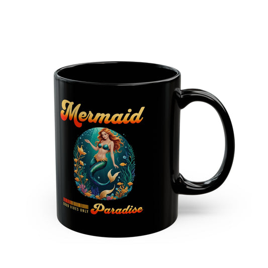 Mermaid Paradise Black Mug – Retro Tropical Ocean Design ‘Good Vibes Only’ | 11oz or 15oz Ceramic | Microwave & Dishwasher Safe | Mermaid Coffee Cup Gift