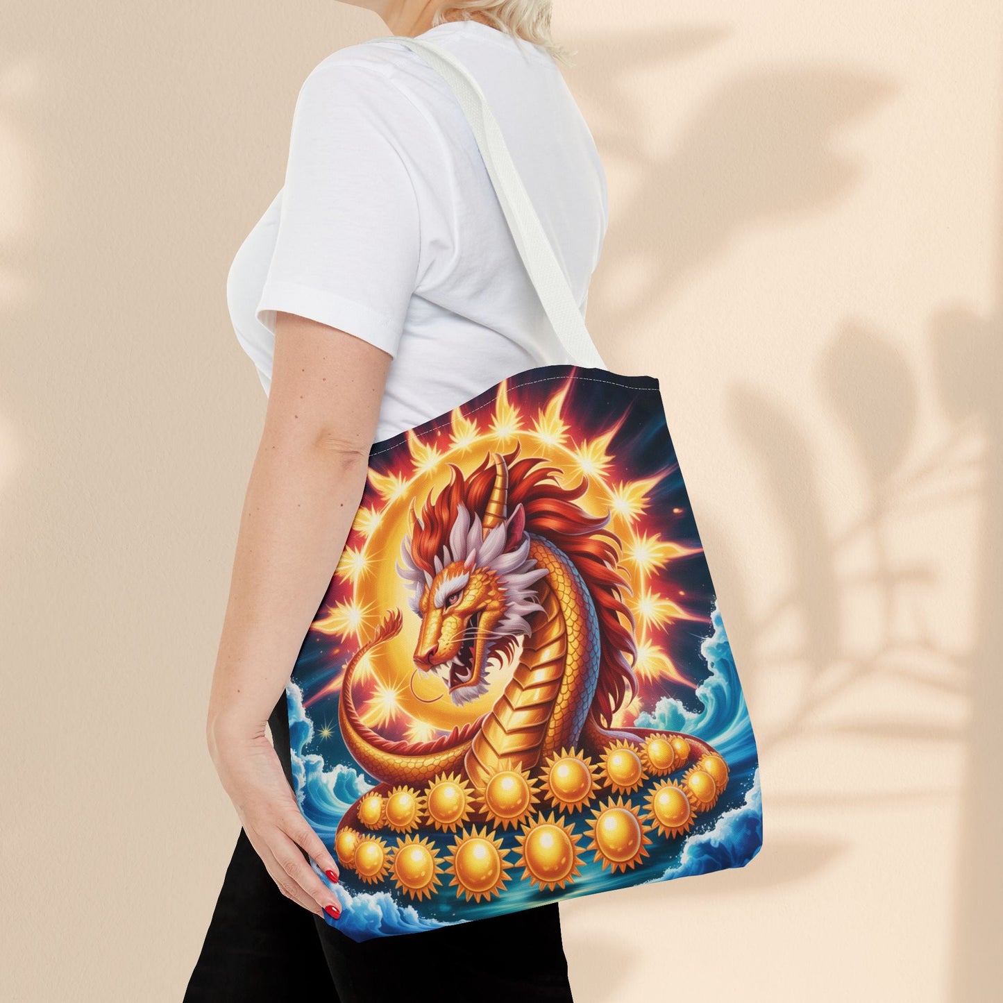 Leo Zodiac Tote Bag – Golden Dragon Sun Celestial Art | 3 Sizes | 5 Handle Colours | Leo Birthday Gift & Astrology Bag