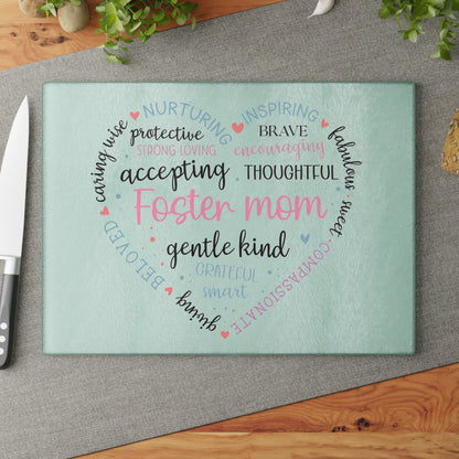 Foster Mom Glass Cutting Board – Heart Word Cloud Design | Tempered Glass | 2 Sizes | Meaningful Gift for Foster Mom