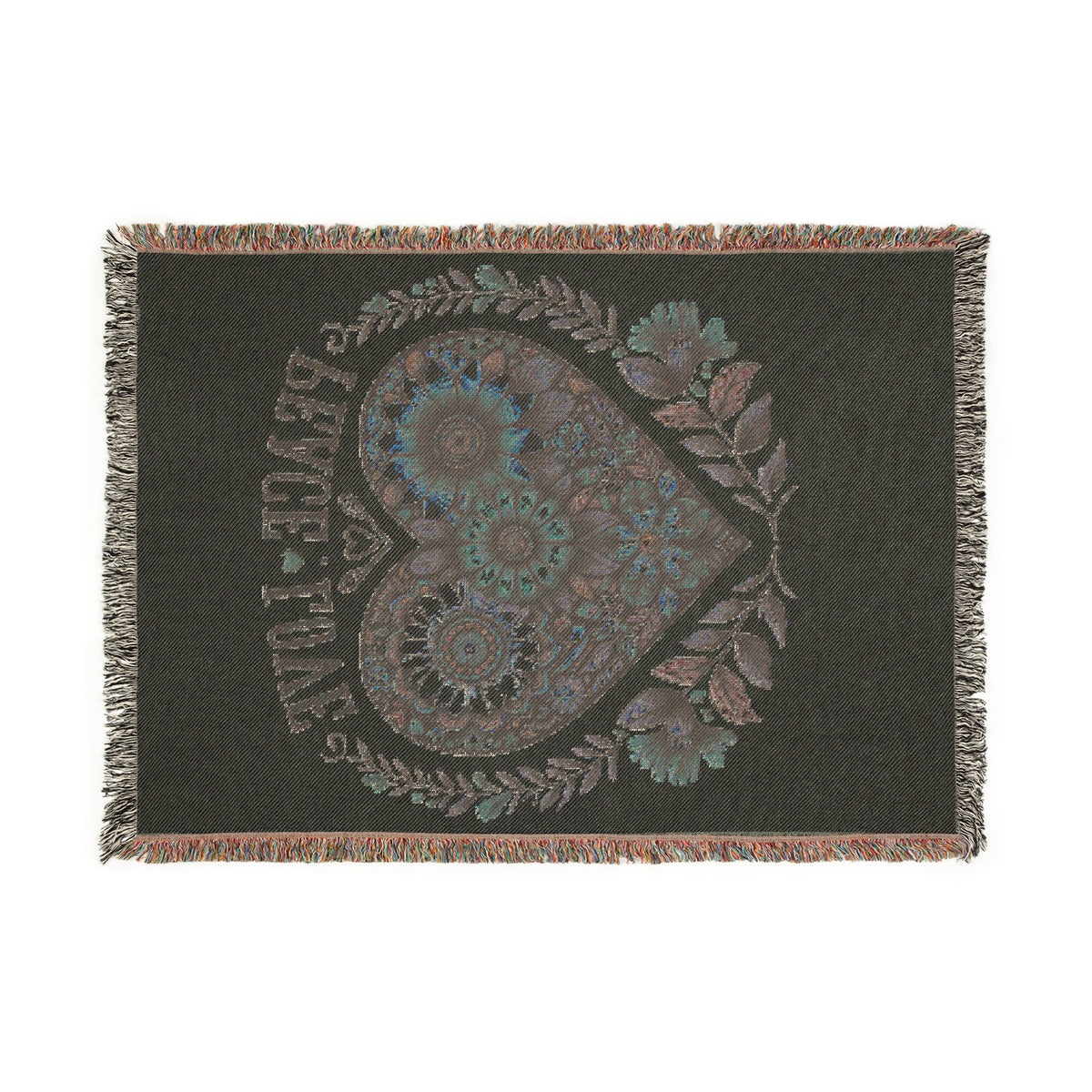 Peace Love Floral Heart Woven Tapestry Throw – Boho Botanical Sunflower & Wildflower Cotton Blanket | Fringe Edges | 3 Sizes | Cottagecore Home Decor Gift