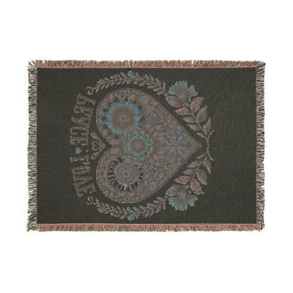 Peace Love Floral Heart Woven Tapestry Throw – Boho Botanical Sunflower & Wildflower Cotton Blanket | Fringe Edges | 3 Sizes | Cottagecore Home Decor Gift