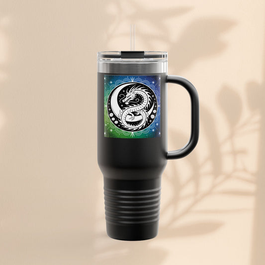 Insulated travel mug in matte black with dragon graphic, clear lid and drinking straw