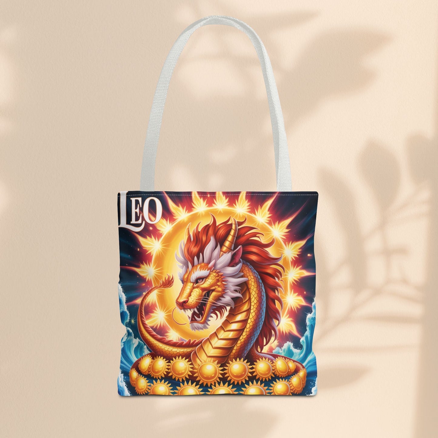 Leo Zodiac Tote Bag – Golden Dragon Sun Celestial Art | 3 Sizes | 5 Handle Colours | Leo Birthday Gift & Astrology Bag