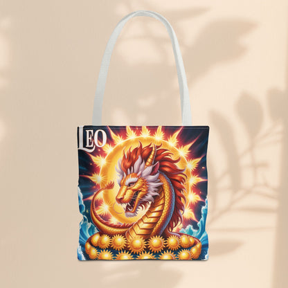 Leo Zodiac Tote Bag – Golden Dragon Sun Celestial Art | 3 Sizes | 5 Handle Colours | Leo Birthday Gift & Astrology Bag