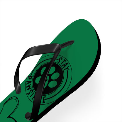 Green flip-flop side view with black thong strap and paw “PAWSITIVE” emblem
