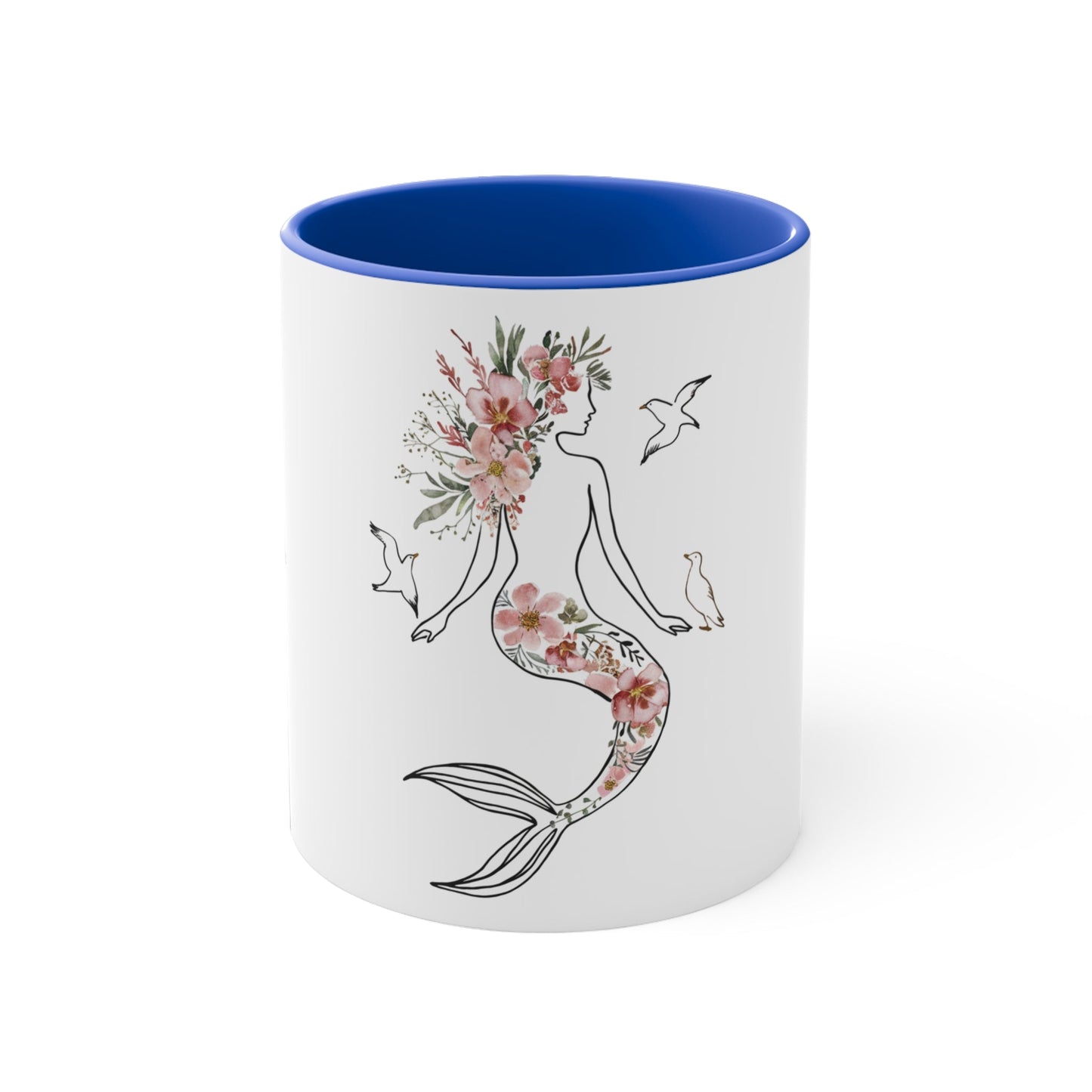 Mermaid Silhouette Botanical Floral Mug – Elegant Line Art Mermaid with Wild Blooms & Seagulls | 11oz Blue Accent Ceramic | Coastal Botanical Ocean Gift