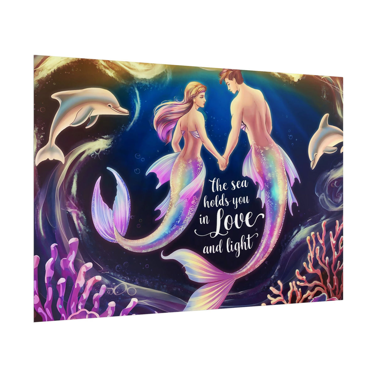 Mermaid Lovers Rolled Poster – The Sea Holds You in Love and Light | Giclée Print | Fine Art, Semi Glossy or Matte | 19 Sizes | Mermaid Couple Wall Art