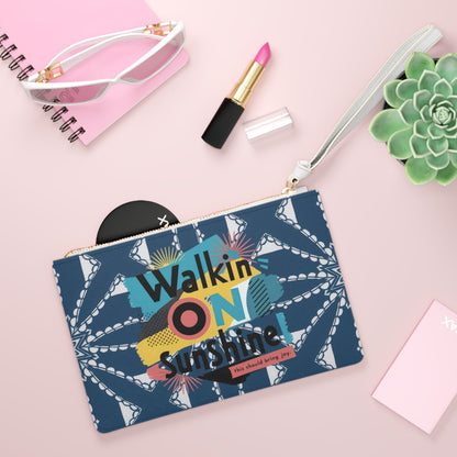 Walkin' On Sunshine Clutch Bag - Bold Retro Memphis Graphic Wristlet in Navy Blue with Chain Lattice Pattern, Sunshine Positivity Gift for Her