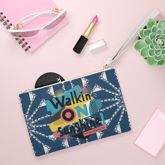 Walkin' On Sunshine Clutch Bag - Bold Retro Memphis Graphic Wristlet in Navy Blue with Chain Lattice Pattern, Sunshine Positivity Gift for Her