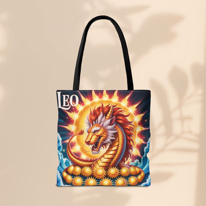 Leo Zodiac Tote Bag – Golden Dragon Sun Celestial Art | 3 Sizes | 5 Handle Colours | Leo Birthday Gift & Astrology Bag