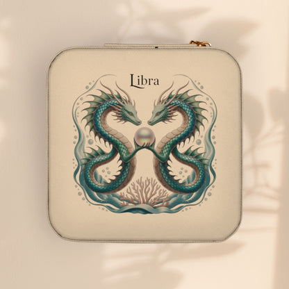 Libra Zodiac Jewelry Travel Case - Dual Sea Dragon and Pearl Design, Compact Zip Jewelry Organizer in Ivory, Pink, Soft Gold, or Tiffany Blue
