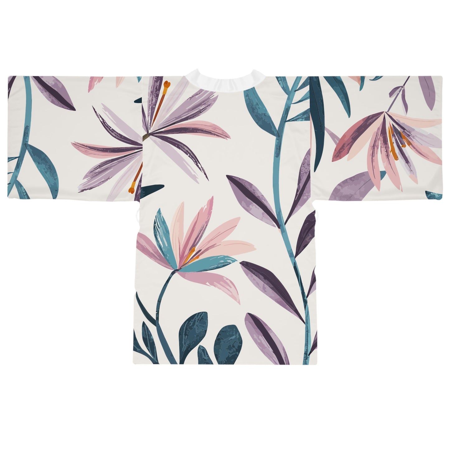 Breeze Kimono - Belted Botanical Print Wrap Robe with Wide Angel Sleeves in Abstract Painterly Leaf Design, Boho Beach Cover-Up XS to 2XL