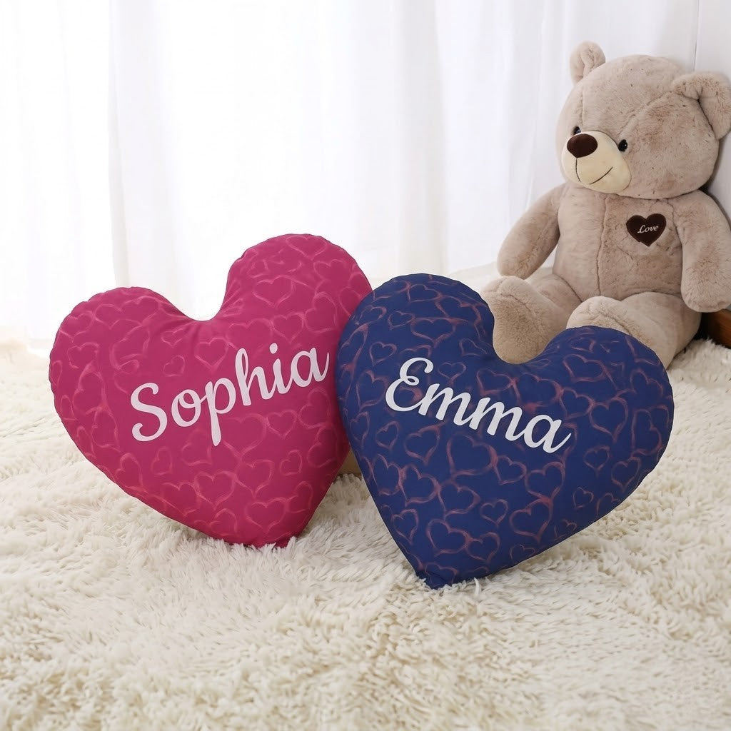 Heart pillow set: pink Sophia and dark blue Emma embroidered heart cushions