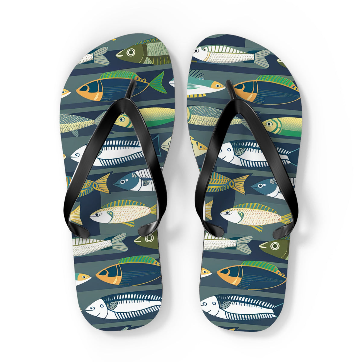 Fish-print flip-flops with black thong straps and all-over fish pattern