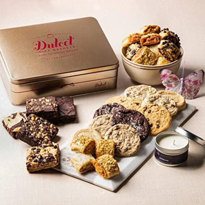 Tin gift basket with assorted cookies on a tray, plus a small container of sweets