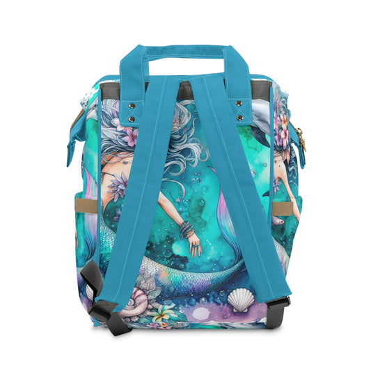 Mermaid & Dolphin Watercolour Art Diaper Backpack – Gold Scale Detail & Floral Mermaid Scene | Insulated Pockets | Large Capacity Nappy Bag | Baby Shower Gift